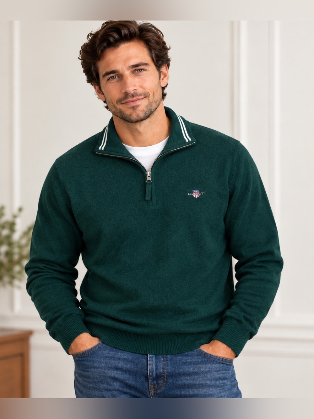 GANT Super Fine Lambswool Quarter Zip Sweater Men XL Green Quiet Luxury
